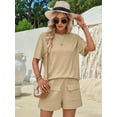 thumbnail image 2 of Women Matching Shorts Knitted Pockets Sets Fall Round Neck 2 Piece Set Summer Short Sleeve Lounge Sets Khaki M, 2 of 8