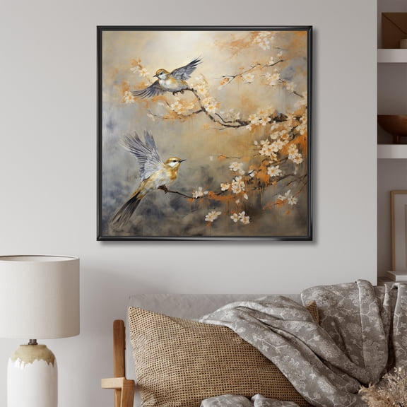 Designart "Floral Serenity with Gold and Grey Birds I" Animals Framed Wall Art - Traditional Gold Bird Entryway Framed Wall Art Print