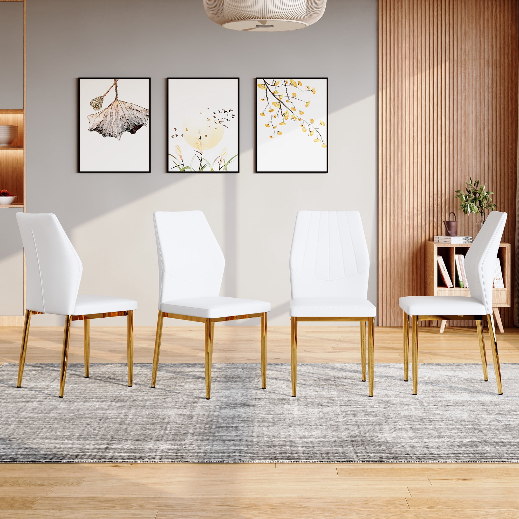 Dining Chairs Set of 4, Gold and White PU Leather Dining Chairs 37 Inch High, Ergonomic Backrest, Modern Upholstered Dining Room Chairs with Gold Metal Legs, Comfortable Kitchen Chairs