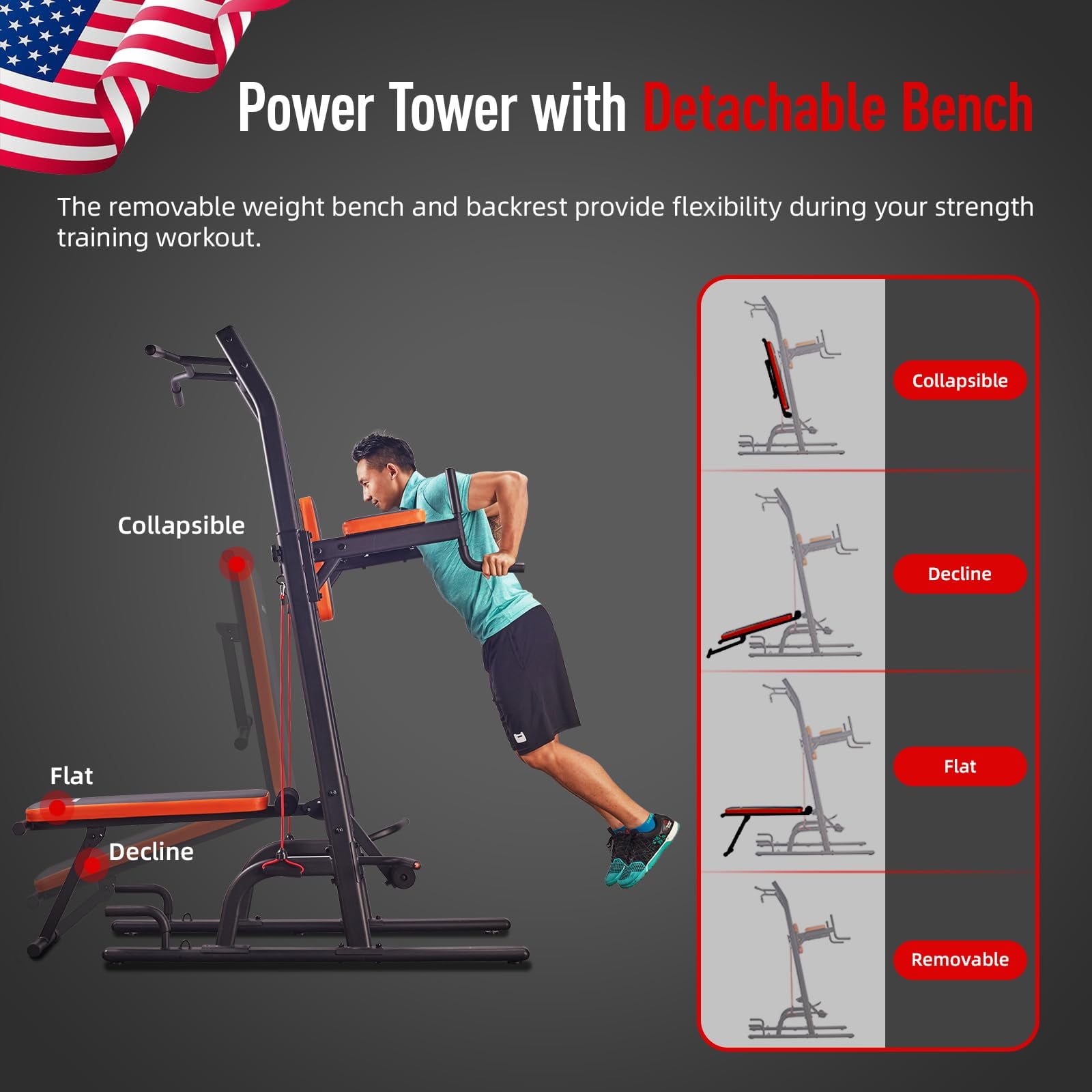 HARISON Multifunction Power Tower with Bench Pull Up Bar Dip Station, Squat Rack with 660LBS Capacity for Home Gym, Workout Strength Training Equipment