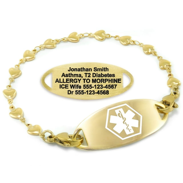 MedicEngraved Bracelet d'Alerte Médicale Personnalisé en Acier Inoxydable Or Jaune - Maillon Cœur 5 mm