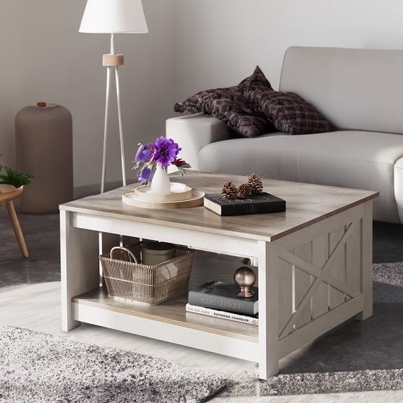 ModFusion Farmhouse Square Wood Coffee Table 31"W 17.7"H with Lower Storage for Rustic Home, Beige