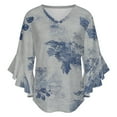 thumbnail image 5 of Blue Floral Fabric Design Print Women's V-Neck Blouse With 3/4 Ruffled Bell Sleeves Casual Top Ladies Blouses, 5 of 7
