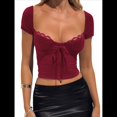 thumbnail image 3 of Camiseta Ajustada con Ribete de Encaje para Mujer, Mangas , Lazo Frontal, Tops Texturizados de Fiesta Y2K Vino Tinto L, 3 of 8