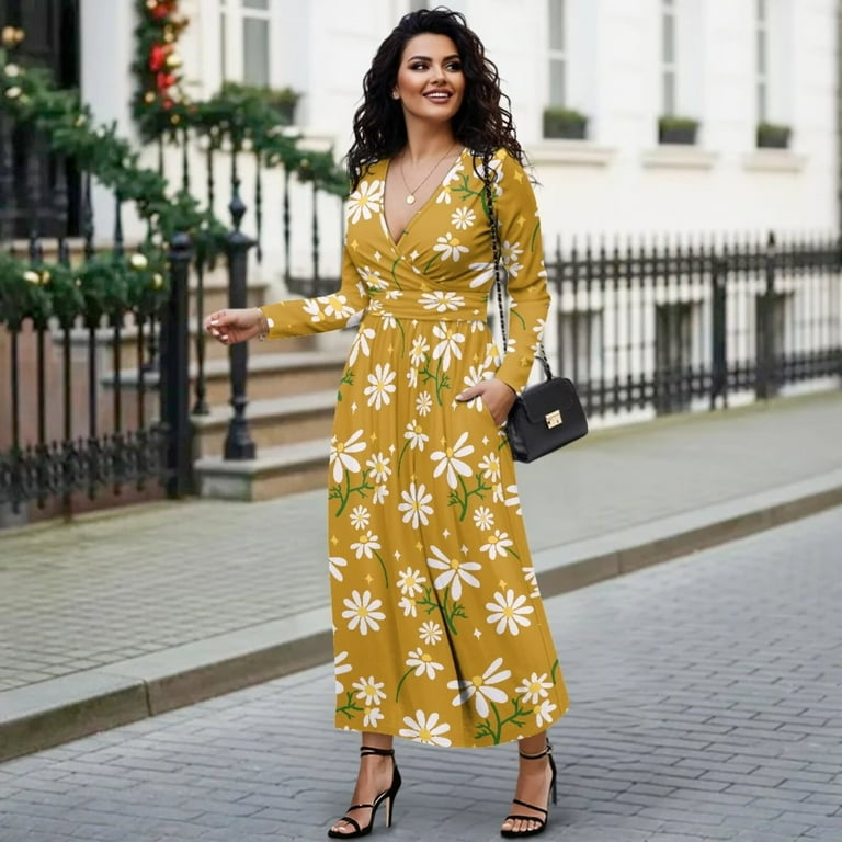 Fkelyi Daisy Flower Starry Print Womens Maxi Dress for Fall Casual Dress A-Line Tiered Flowy Long Sleeve Dresses with Side Pockets for Wedding Guest,