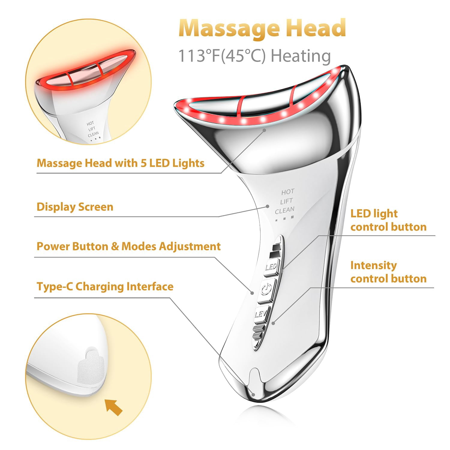 Facial Massager for Neck Care, Red Light for Face,Water Resistant 5-in-1 Led Facial Sculptor