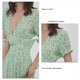 thumbnail image 5 of Vestido corto estampado con volantes florales, manga abombada, espalda fruncida, cuello en V profundo, línea A, vestido corto para mujer, 5 of 6