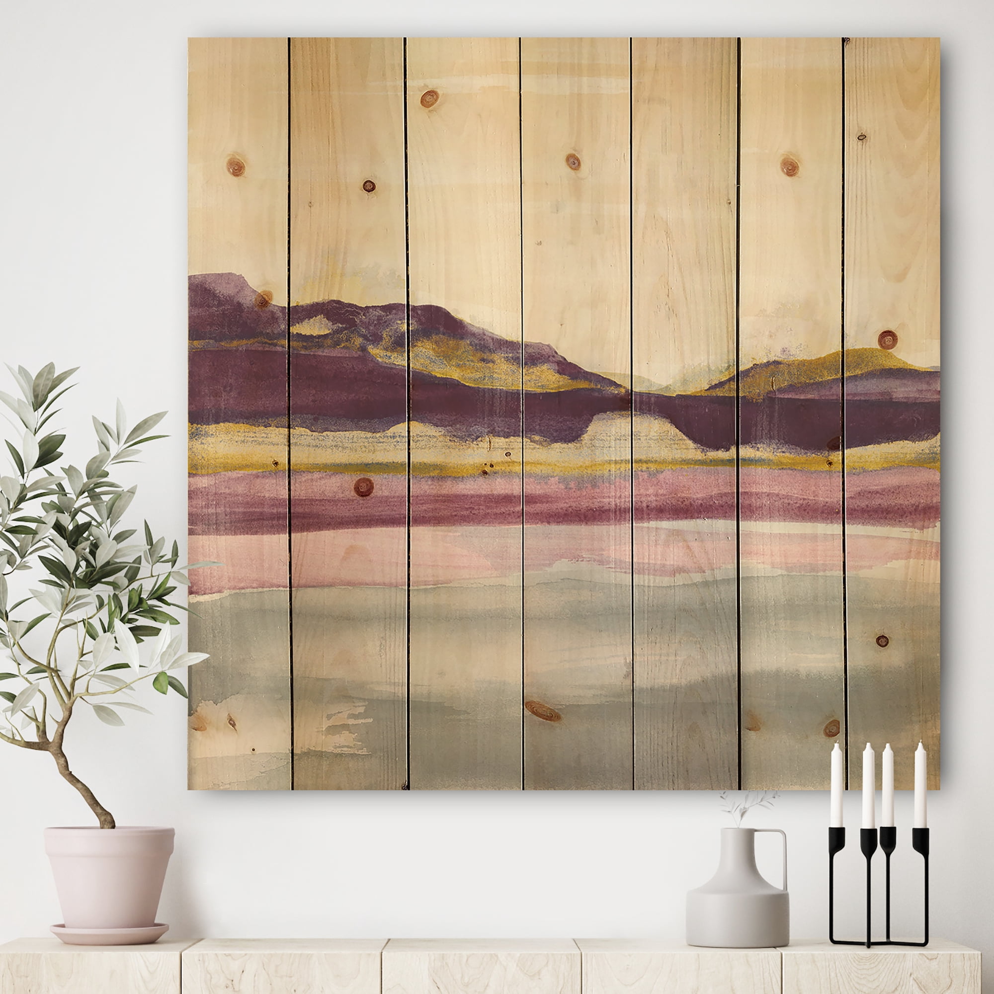 Designart 'Gold and Purple Landscape II' Shabby Chic Print on Natural Pine Wood