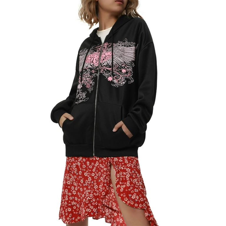 Sunisery Women Zip-Up Hoodie Vintage Graphic Sweatshirts Long Sleeve Coat  E-Girl 90s Clothes Streetwear Jacket