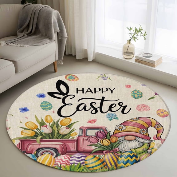 Spring Easter Gnomes Round Area Rug 3Ft Washable Small Circle Rugs for Kitchen Entryway, Red Truck Colorful Eggs Botanical Non-Slip Carpet Floor Mats Indoor Outdoor Carpet Runner Aesthetic Home Decor