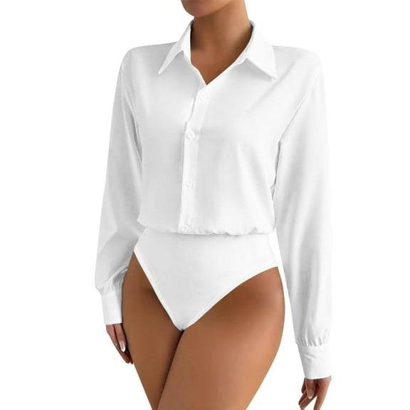 hotojiny Long Sleeve Bodysuits for Women Formal Casual Business Blouse One Piece Clothes Button down Office Work Body Suits Shapewear