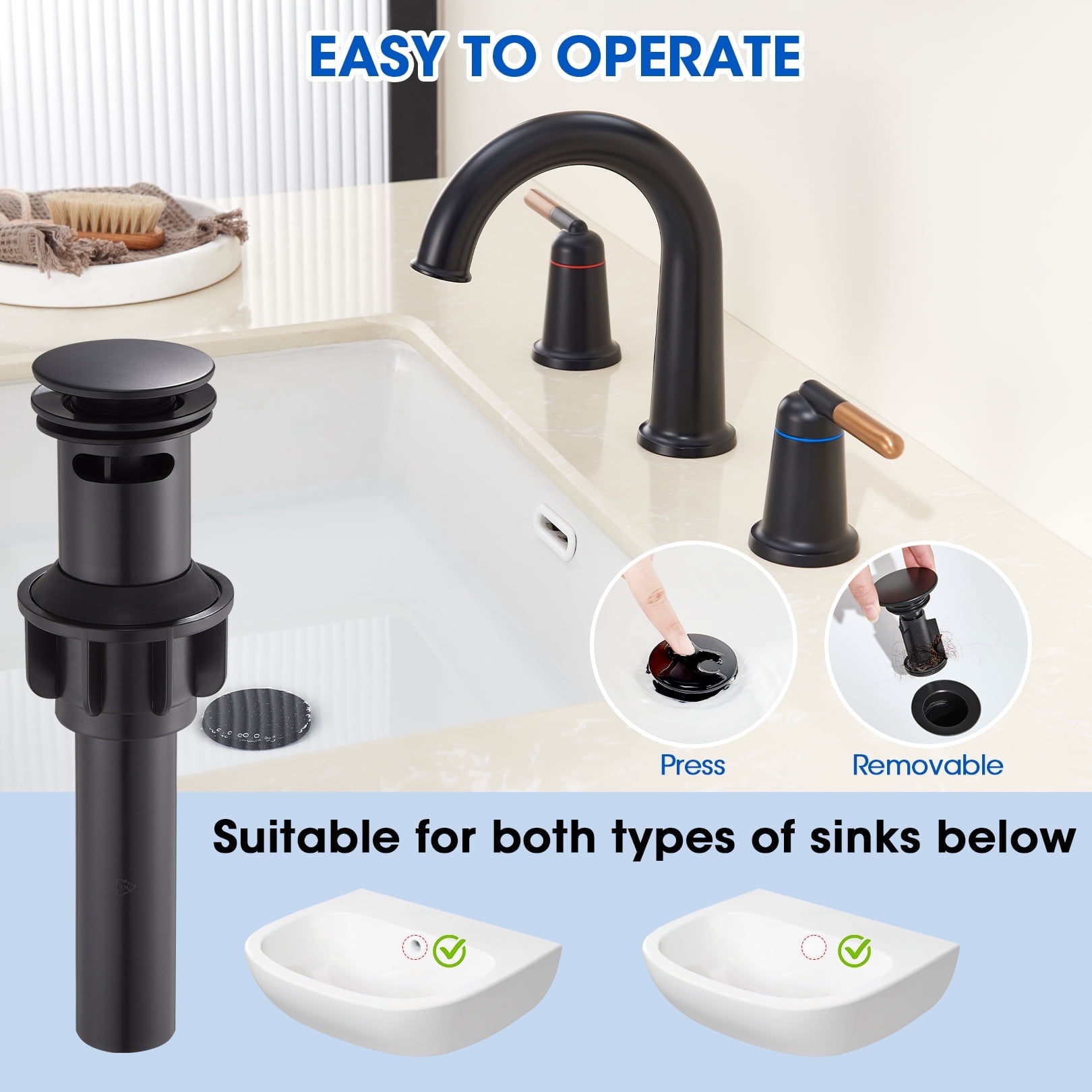 Wowkk Sanitary Ware Brass Bathroom Sink Faucet 2 Handles Widespread Bathroom Faucet 3 Hole, Pop-Up Drain and cUPC Supply Lines Included, Basin Faucets for Vanity Rv Restroom, Rose Gold Matte Black