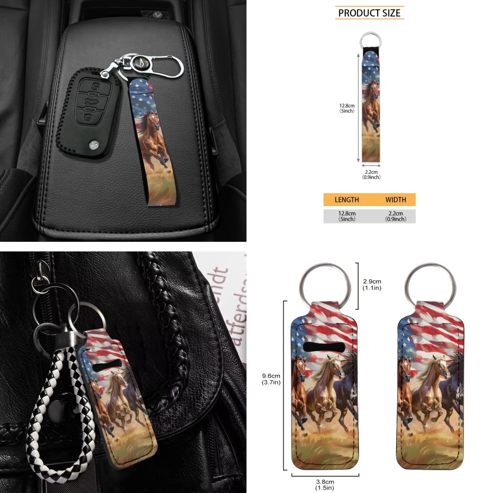 Garronmavis American Flag Running Horse Car Seat Cover Full Set 16 Pieces Car Seat Belt Covers Keychain Holder Gear Shifting Knob Cup Mats Windshield Sun Shade