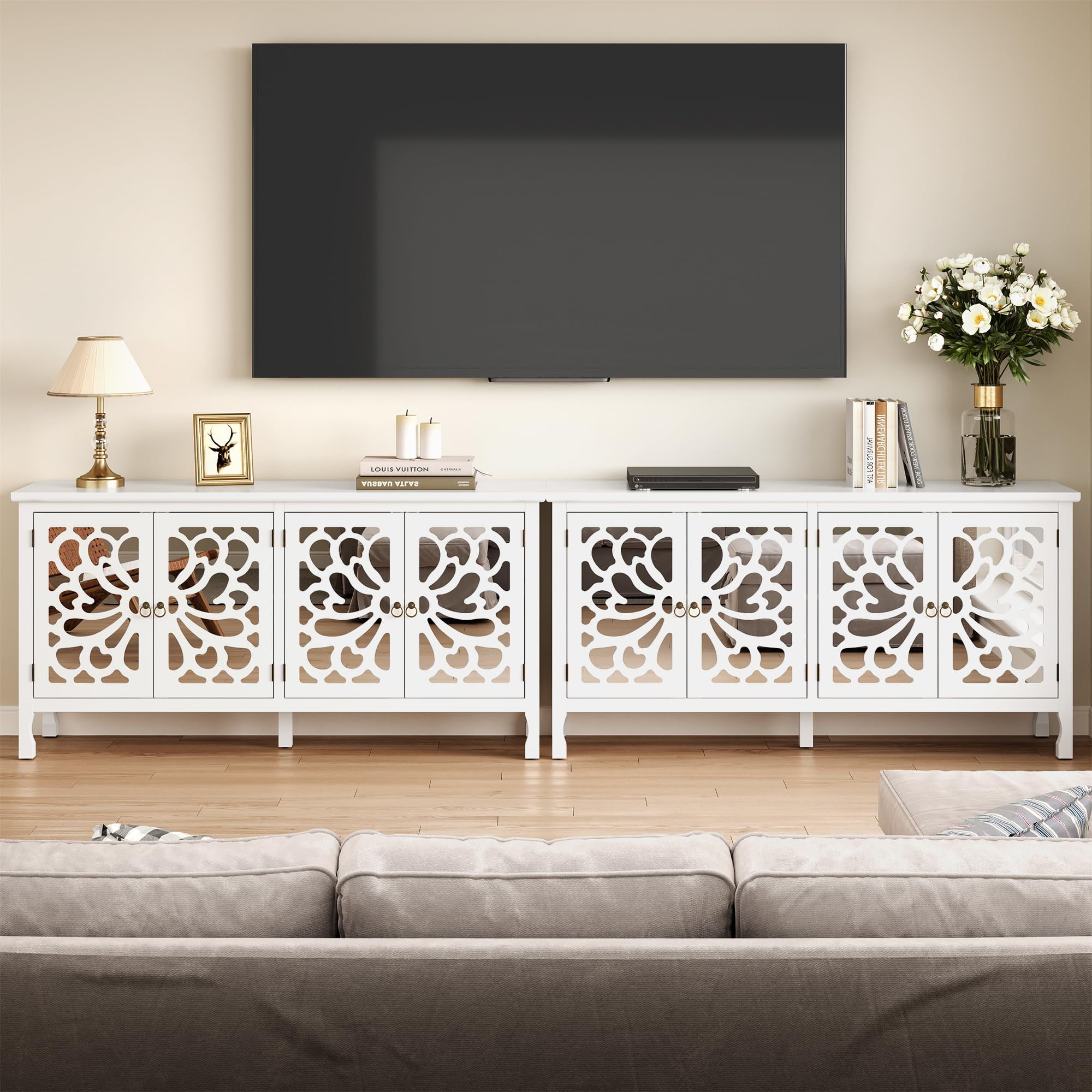 CozyHome 63" Carved Buffet Cabinet with Mirrored Door, Modern Console Cabinet with Storage and Adjustable Shelves, Wood Media Cabinet for Entryway, Living Room, Bedroom, Dining Room, Bathroom (White)