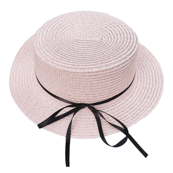 56-58 cm hat circumference women's straw hat ribbon bow sun hat outdoor flat top hat sunscreen sun hat - Flesh pink