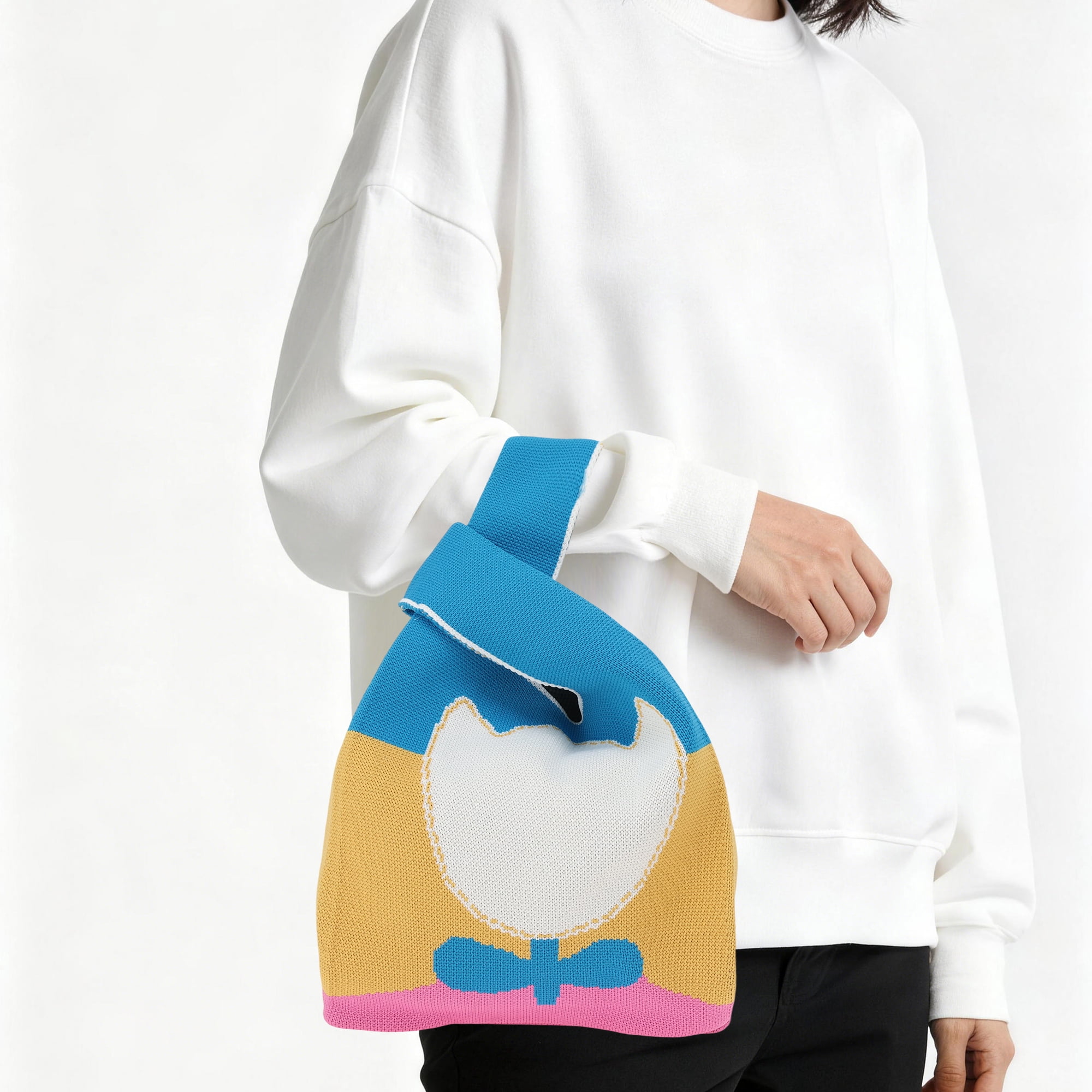Unique Bargains Flowers Knitted Wrist Bag for Everyday Use and Special Occasion Multicolor
