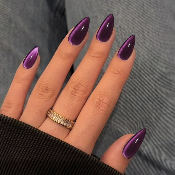 Uñas postizas de ojo de gato, color negro y morado, medianas, cortas, almendradas - 30 unidades, uñas postizas acrílicas de aguja, uñas de gel gruesas y naturales, cortas, con pegamento, opacas, con p