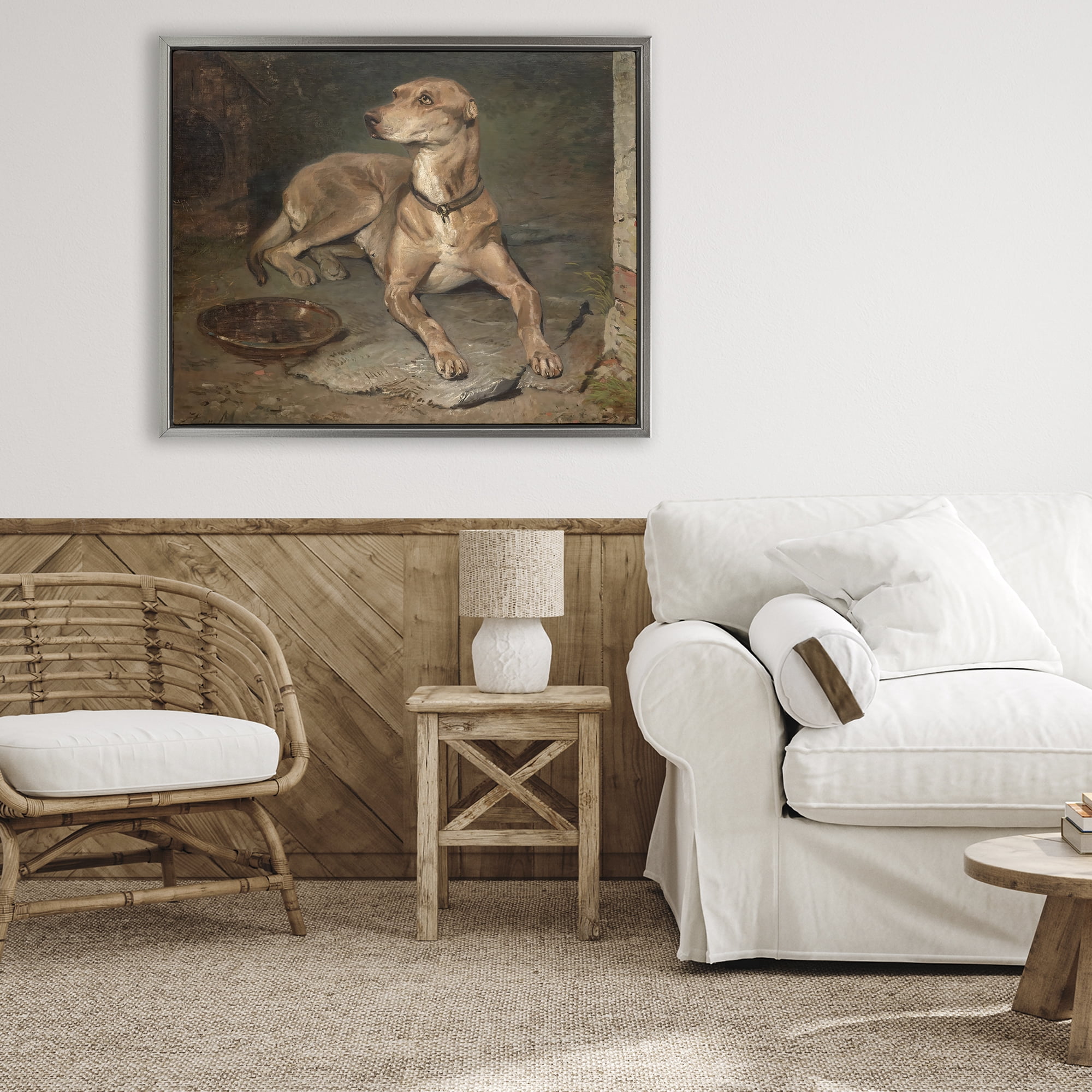 Stupell Industries Historical Dog & Bowl Gray Framed Floater Canvas Wall Art, design by Lil' Rue