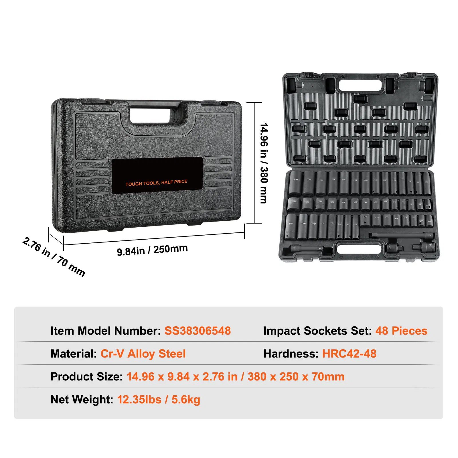 48-Piece 3/8" Drive Impact Socket Set with SAE and Metric Sizes,Includes Extension Bar,Universal Joint,Power Drill Adapter,and Storage Case