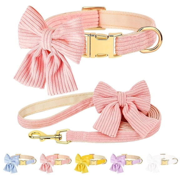 Minzimin Dog Collar and Leash Set with Bowtie, Soft & Cute Puppy Collar, Cotton Puppy Collar with Adjustable Metal Buckle for Small, Medium Dog