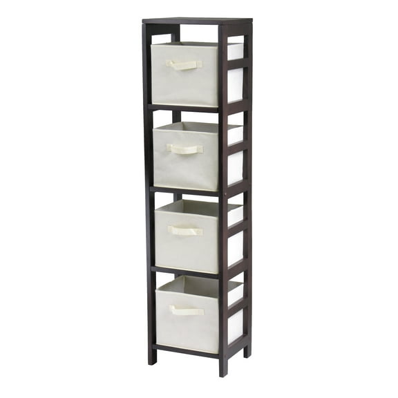 Winsome Wood Capri 5-Pc Storage Set, 4-Section Narrow Shelf & 4 Foldable Beige Fabric Baskets, Espresso Finish