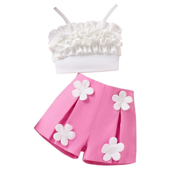 Fesfesfes Kids' Summer 2-Piece Outfit Set 4-8 Years Girls' Fashion Lace Strap Tops Flower Patch Shorts Two Piece Set Round Neck Tank Top Set(Hot Pink,7 Years)