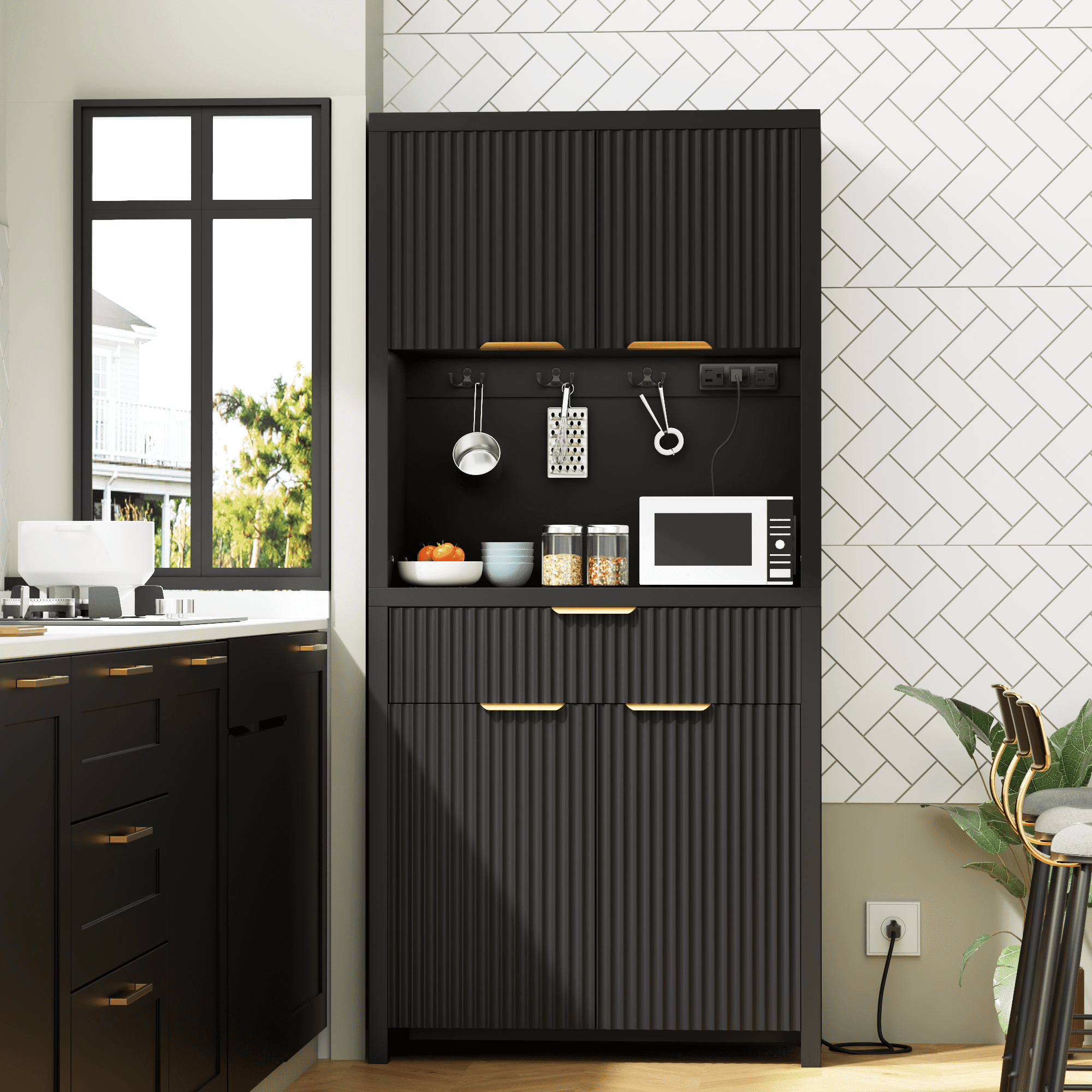 Aufeile Fluted Kitchen Pantry Storage Cabinet, 71" Tall Wood Pantry Hutch with 2 Adjustable Shelves & Drawer & Charging Station for Dining Room Hallway Living Room, Black