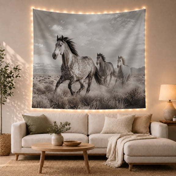 Horses Galloping Open with Lead Horse Dappled Mane, Mystical Fantasy for Space Lovers, Galaxy Room Decor, Housewarming Gift, Tapestry Wall Hanging for Bedroom and Dorm