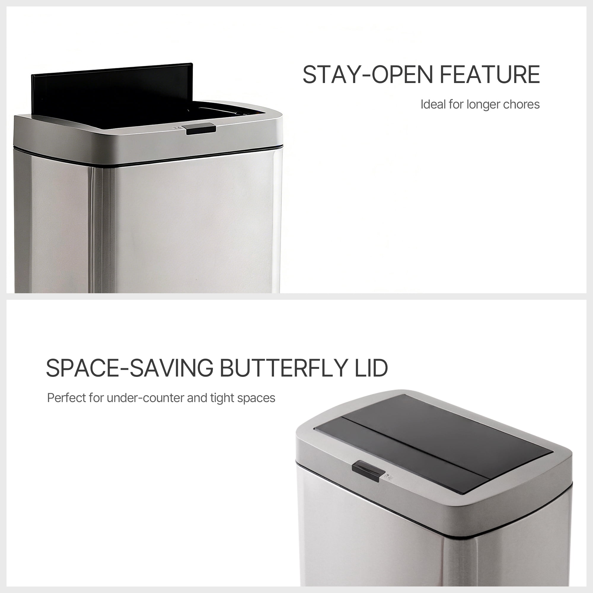 Innovaze 13 Gallon Stainless Steel Motion Sensor Trash Can with Butterfly Lid for Kitchen, Silver