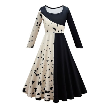 Girls Black White Cruella Costume Dress Halloween Long Sleeve Cosplay Outfits