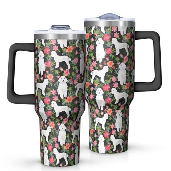 OBREWU White Poodle Dog Hawaiian Floral Tumbler with Handle and Lid,White Poodle Dog Hawaiian Floral 40oz Double Wall Vacuum Insulated Tumbler,Cups Gift for Women and Men