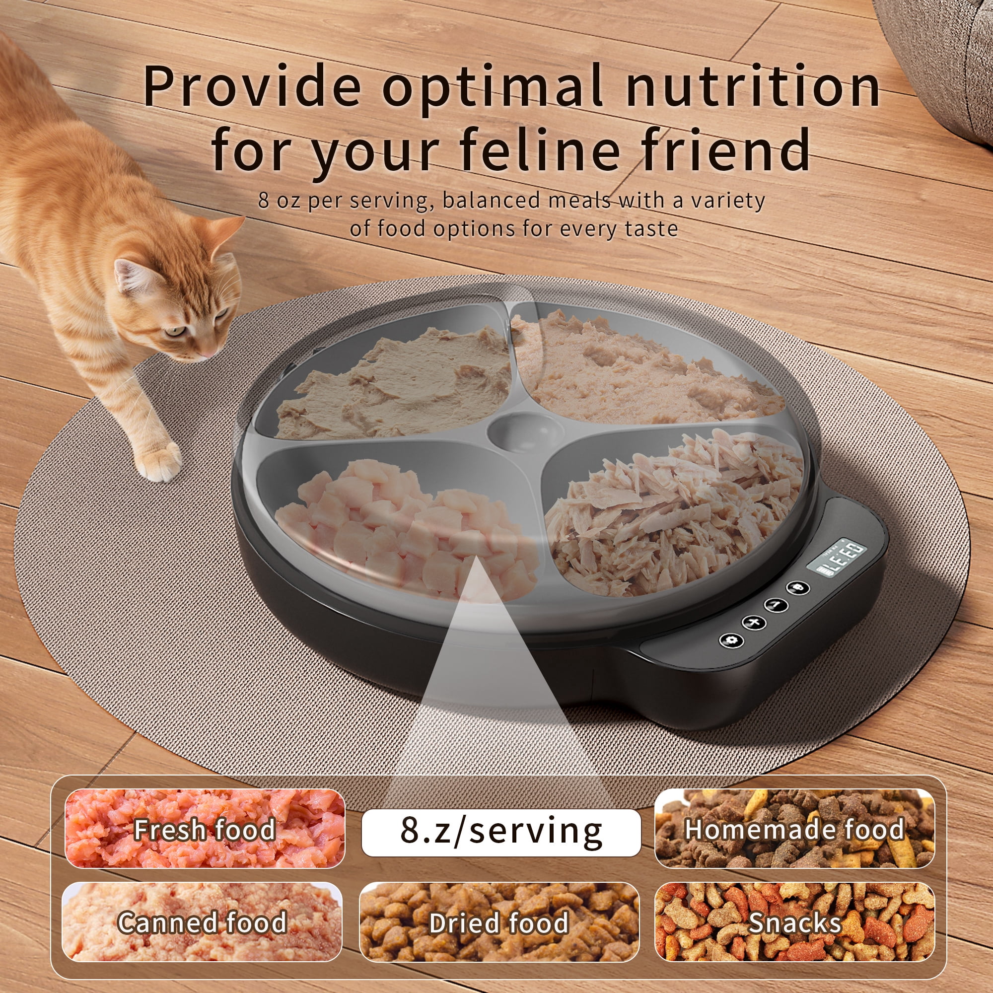 OUDOSPRS Automatic Cat Feeder Wet Food, Auto Refrigerated Wet/Dry Food Feeder with 2 Ice Packs, 4 Meal Timed Fresh Foods Dispenser for Kitty Puppy Automatic Food Bowl, Easy to Clean, Black