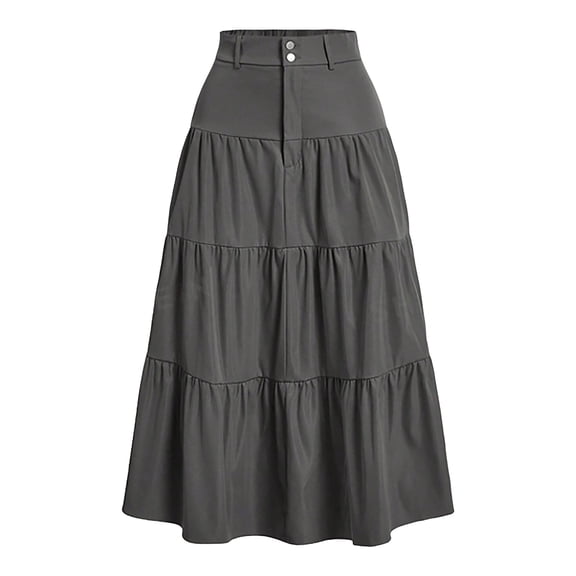 Levmjia Women Midi Skirt Flax Casual Solid Color Elastic Waist Button Front Zipper Side Slit Comfortable Beach Vacation Street Wear Summer