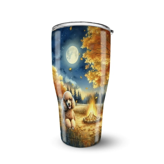 Hello Fall Poodle Enjoys Warm Campfire Autumn Night Bright Moon 30oz Stainless Steel Tumbler Insulated Cup with Lid Poodles Dog Lover Gifts Idea - 01008