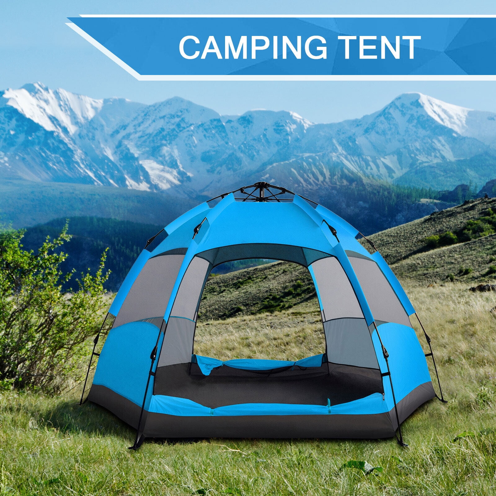 SHANNA Instant Camping Tent Portable Large Pop Up Tent 3-4 Person Dome Family Hexagon Tents Pop up Sun Shade Tent for Outdoor Camping Hiking, Blue Tent +Inflatable pillow