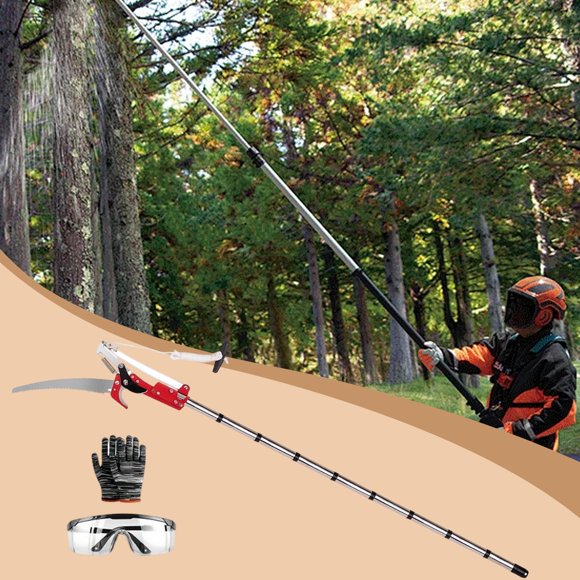 Podadora de árboles manual con pértiga, incluye gafas y guantes. Fácil de instalar. Recortadora de ramas para arbustos y matorrales en patio. 9 secciones