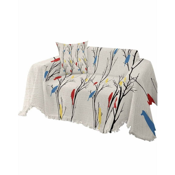 Colorful Birds Sofa Couch Covers for Dog,Washable Sectional Couch Slipcovers for Loveseat with Tassels,Rustic Froest Tree Branch Farmhouse Non Slip Sofa Throw Cover Blanket Large 71''x102''