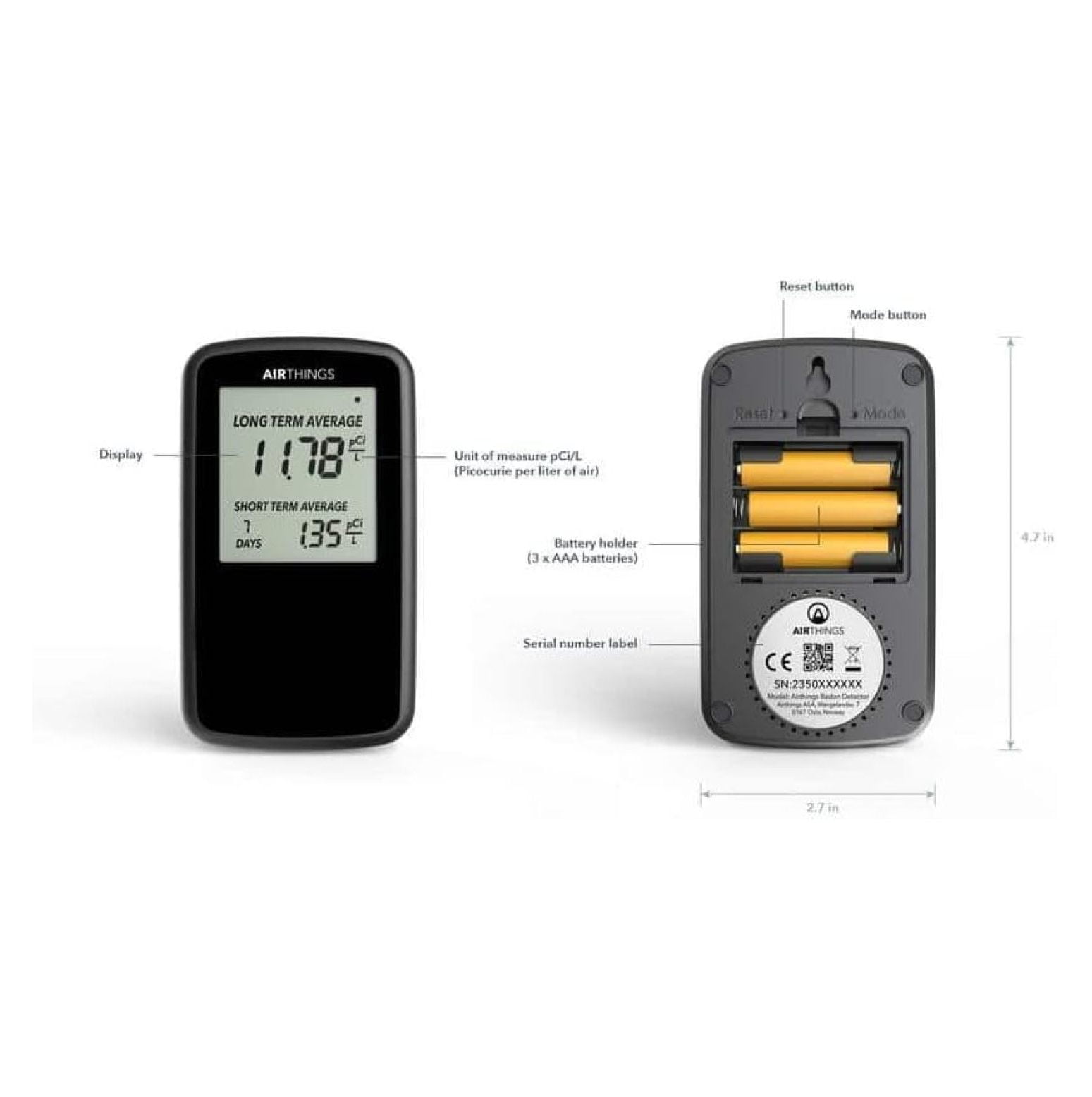Airthings Corentium Home Radon Detector 2350 Portable, Lightweight, Easy-to-Use, (3) AAA Battery Operated, USA Version, pCi/L