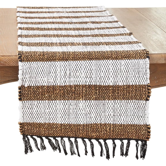Fennco Styles Natural Striped Chindi Table Runner with Fringe 16" W x 72" L - Cotton Seagrass Woven Table Cover for Home, Dining Room, Banquets, Family Gatherings, and Special Occasion