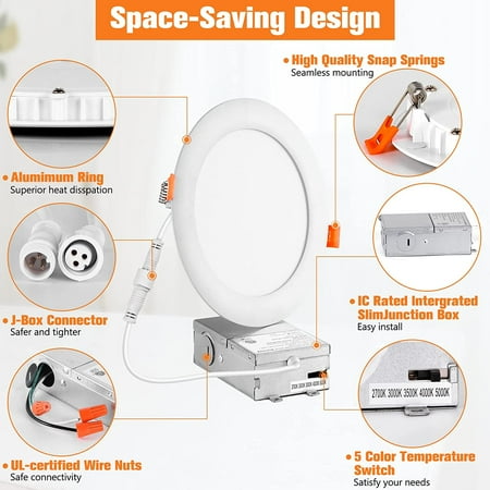 

Recessed Lighting 6 Inch 5CCT Ultra-Thin Recessed Lights Fixtures with Junction Box 12W (100W Eqv) 2700-5000K Selectable 950LM High Brightness LED Retrofit Recessed Light ETL Listed 12-Pack