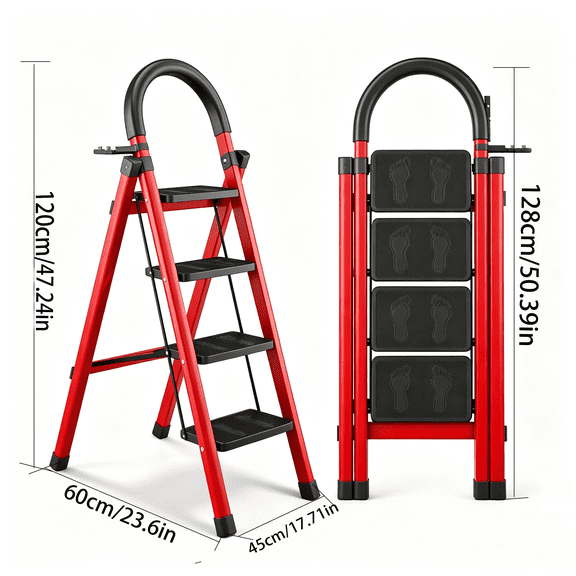 Folding 5/4/3/2 ladder with a load-bearing capacity of 500 pounds, anti slip tread belt and safety lock ladder, rust proof material, strong load-bearing capacity, not easy to overturn, suitable for