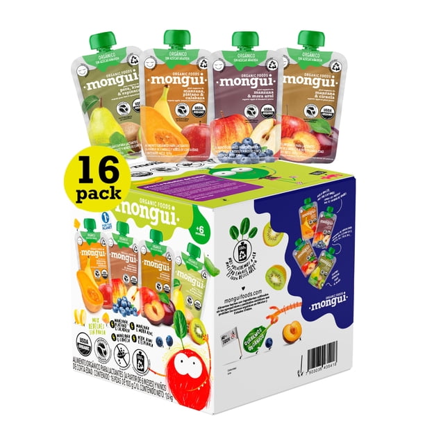 Puré Natural Papilla Orgánica para Bebé | Snacks Saludables Sin Azúcar Añadida | BPA Free | MONGUI (16 Pack, Pera Kiwi Espinaca - Manzana Ciruela