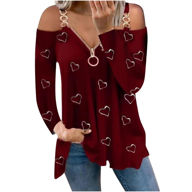 Blusa informal de manga larga con cuello en V y cremallera suelta con estampado de amor para mujer Pompotops gfhjh5145