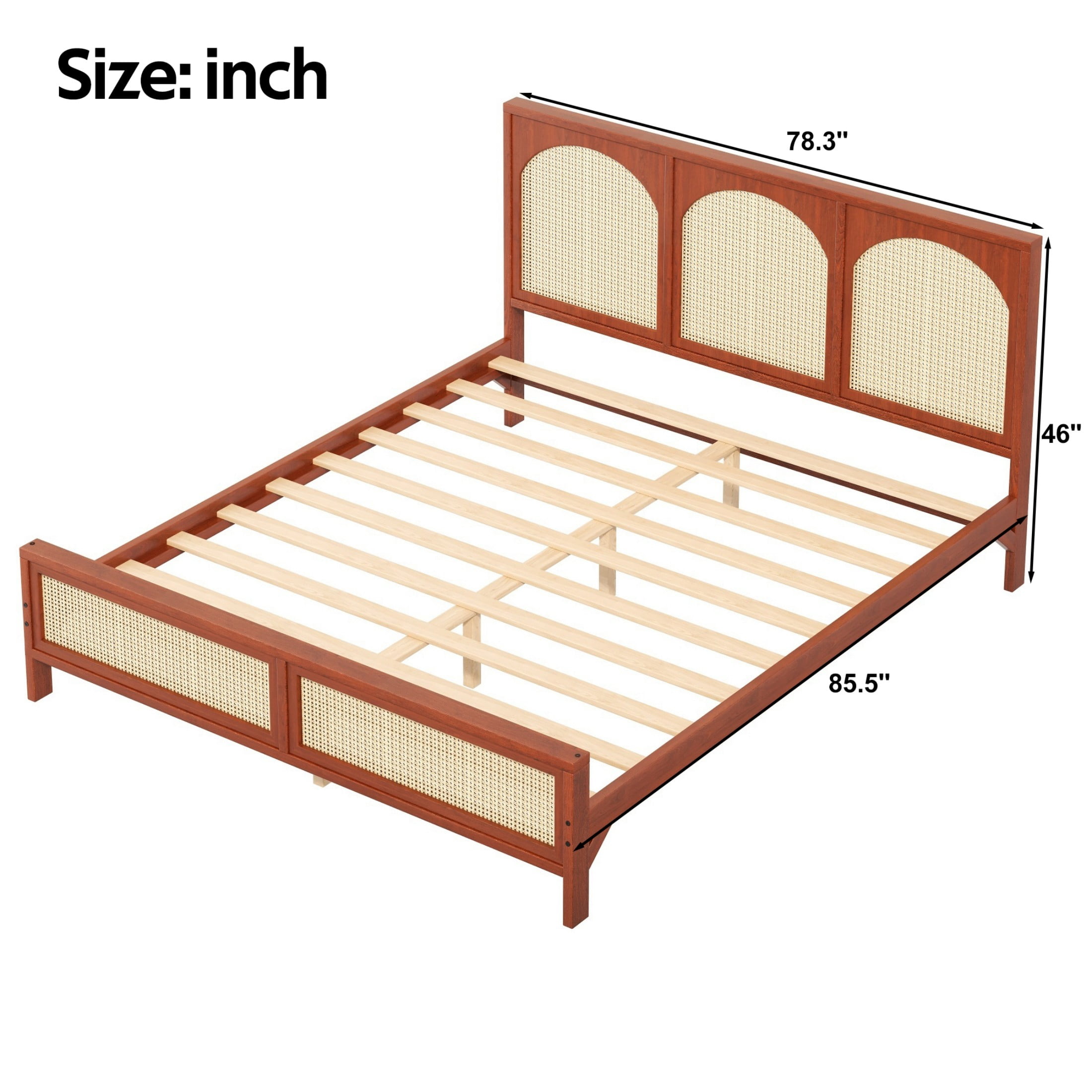 Alvantor King Size Wood Bed Frame with Rattan Headboard & Footboard, Walnut+Beige