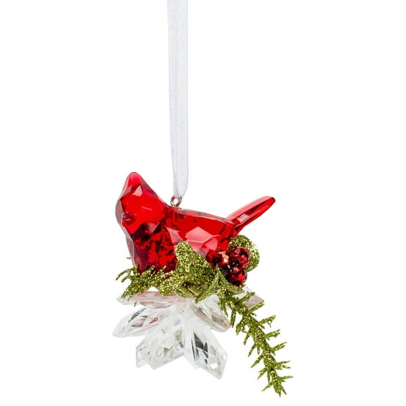 Ganz Cherry Red Cardinal On Holly 3 inch Acrylic Decorative Hanging Ornament