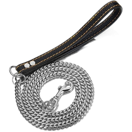 Heavy Duty Stainless Steel Dog Chain Leash 3FT/4FT/5FT Cuban Link Metal Dog Leashes for Large Medium Small Dogs with Genuine Leather Handle (Silver 5FT)