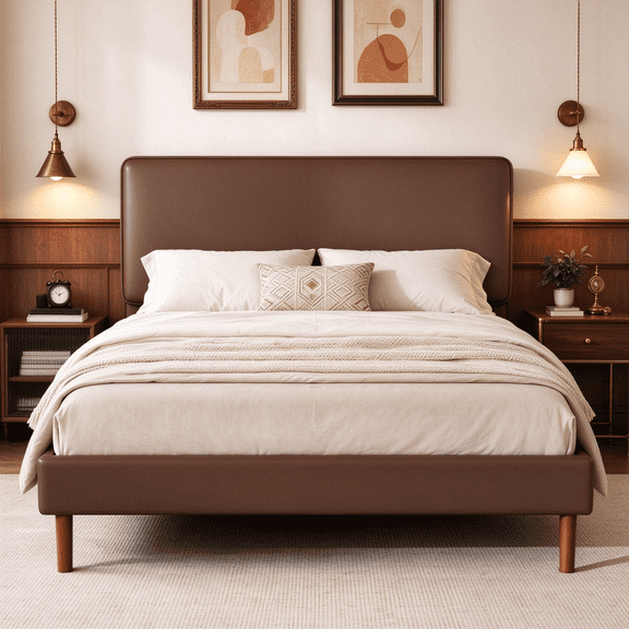 Frostbloom Queen Size Faux Leather Platform Bed Frame with Adjustable Headboard, Dark Brown
