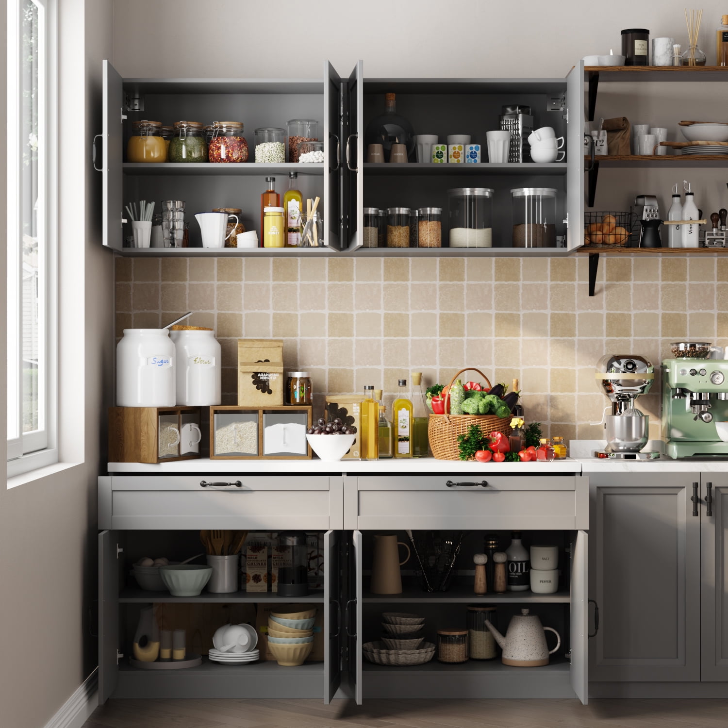 KULAGAGA Kitchen Cabinet with Wall Mounted Hutch, Sideboard Storage Cupboard with Drawers for Home, Gray