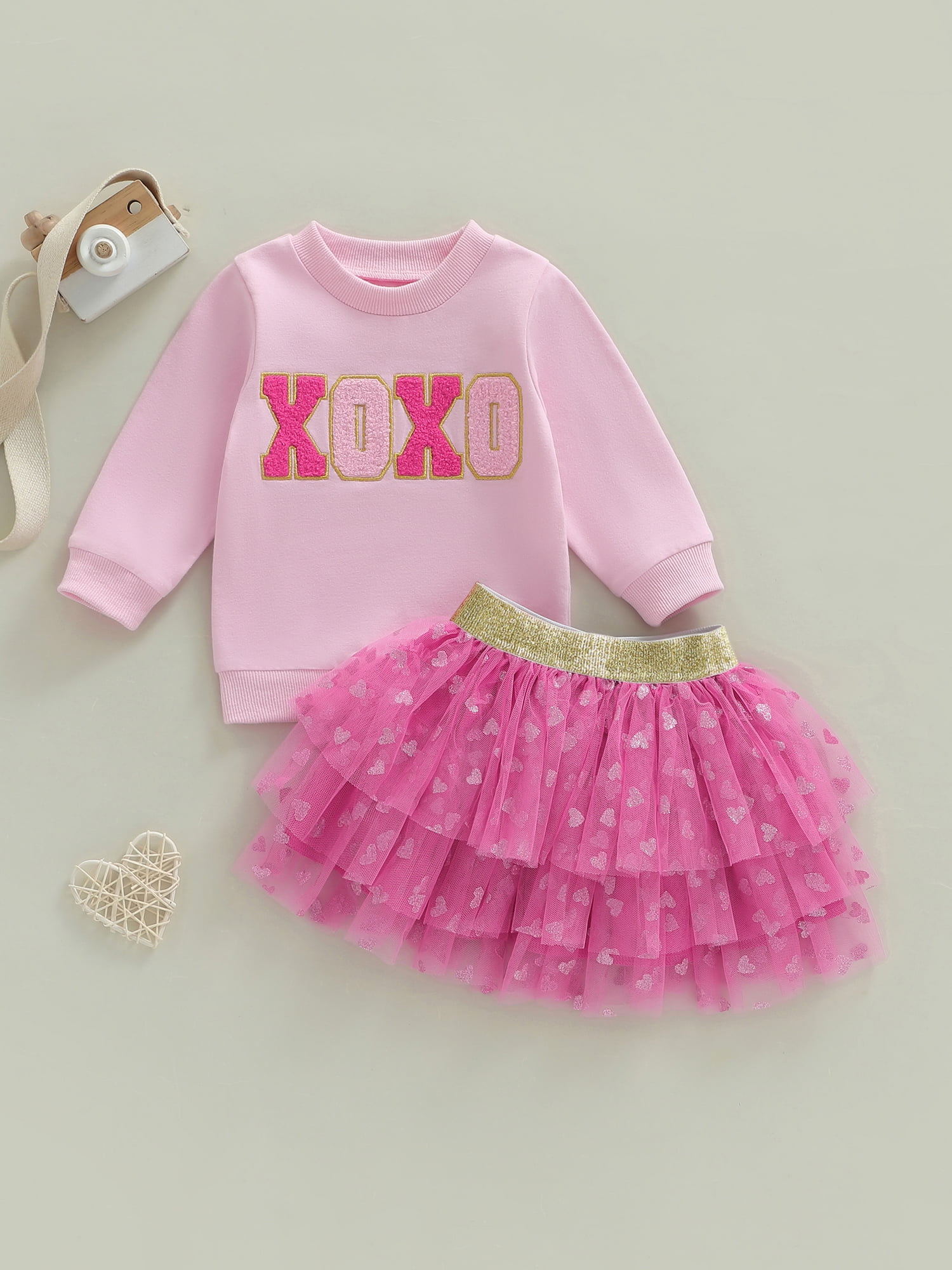 Jxzom Toddler Baby Girl Valentines Outfit XOXO Letter Embroidery Long Sleeve Sweatshirt Tops and Tulle Tutu Skirts Set 1-6 Years Cute Valentines Clothes