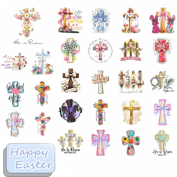 27 Sheets Easter Iron On Transfers, DTF Transfer Ready to Press for T-Shirts, Cross Floral Easter Religious Pattern , DIY Gift for Women Girls, Waterproof Heat Transfer Vinyl for Apparel